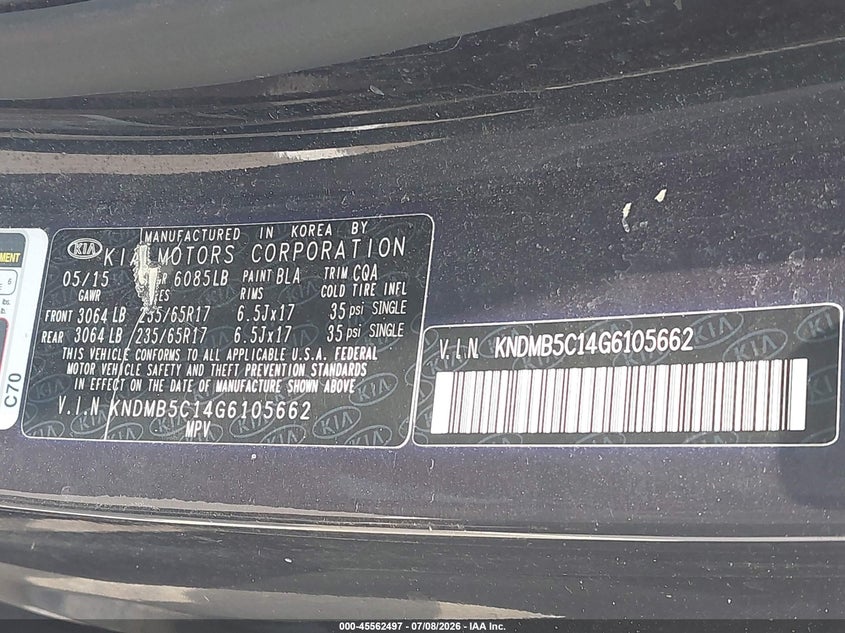 2016 Kia SEDONA VIN KNDMB5C14G6105662 IAAI salvage auction — NORMAL WEAR, Clear (Mississippi), sold $600 on 2026-07-30 (photo 9)
