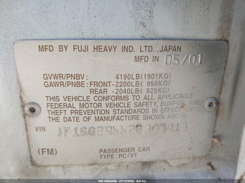 2002 Subaru Impreza VIN JF1GG29662G807913 IAAI salvage auction — NORMAL WEAR, Clear - Dealer Only (California), sold $550 on 2026-07-28 (photo 9)