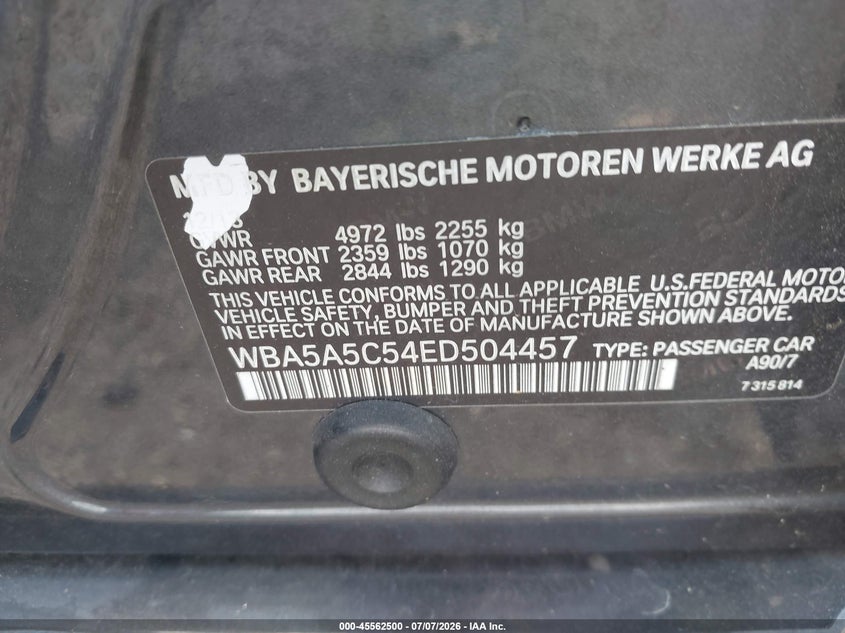 2014 BMW 5er VIN WBA5A5C54ED504457 IAAI salvage auction — FRONT END, Salvage (Georgia), sold $850 on 2026-08-19 (photo 9)