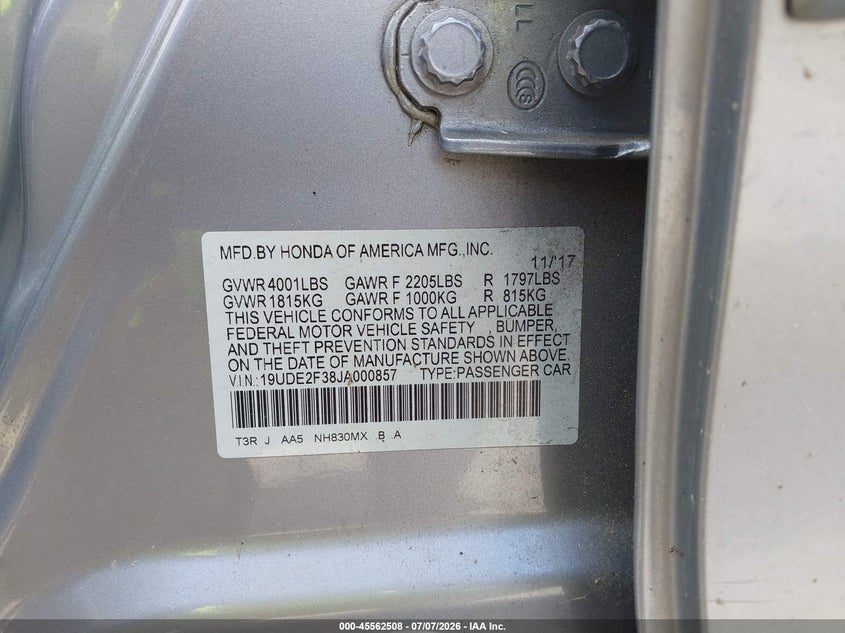 2018 Acura Ilx VIN 19UDE2F38JA000857 IAAI salvage auction — NORMAL WEAR, Clear (Georgia), sold $2,525 on 2026-08-01 (photo 9)