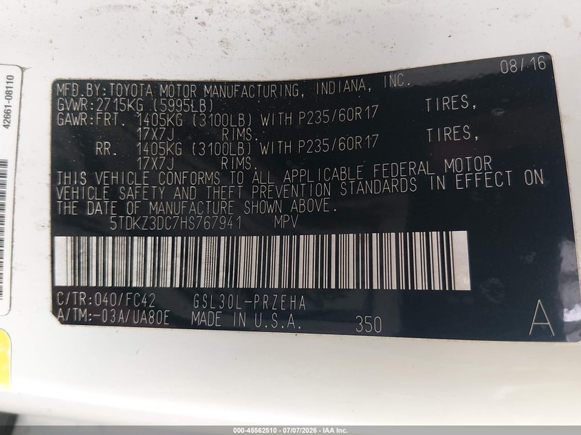 2017 Toyota Sienna VIN 5TDKZ3DC7HS767941 IAAI salvage auction — NORMAL WEAR, Clear (Virginia), sold $2,050 on 2026-07-15 (photo 9)