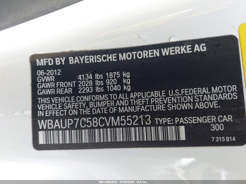 2012 BMW 1 series VIN WBAUP7C58CVM55213 IAAI salvage auction — NORMAL WEAR, Clear - Dealer Only (California), sold $3,600 on 2026-07-13 (photo 9)