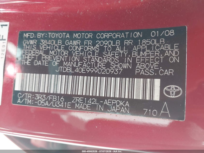 2009 Toyota Corolla VIN JTDBL40E999020937 IAAI salvage auction — NORMAL WEAR, Clear (Alabama), sold $1,950 on 2026-07-15 (photo 9)