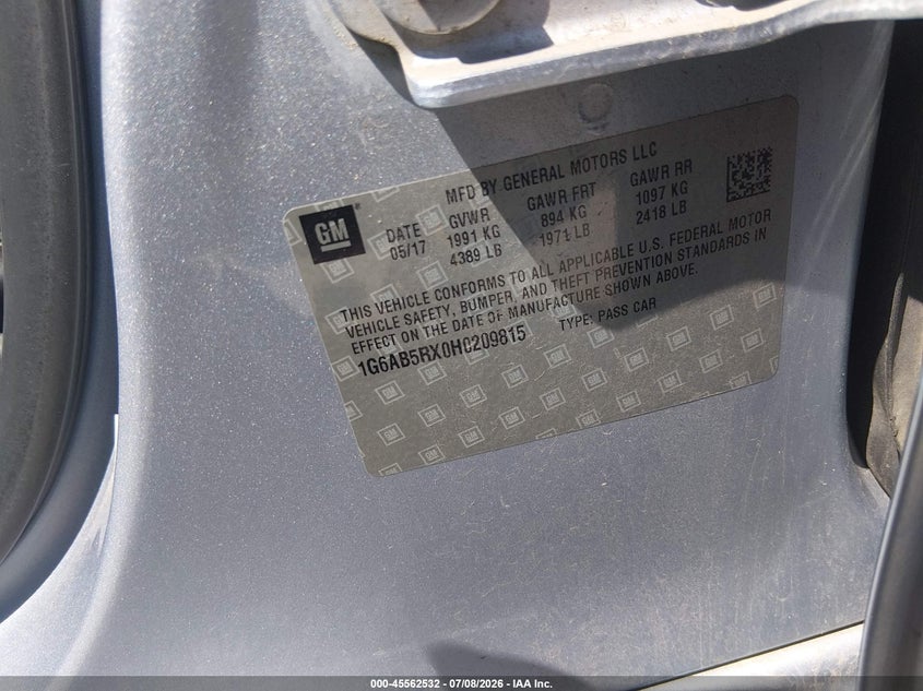 2017 Cadillac Ats VIN 1G6AB5RX0H0209815 IAAI salvage auction — NORMAL WEAR, Original (Texas), sold $800 on 2026-07-27 (photo 9)