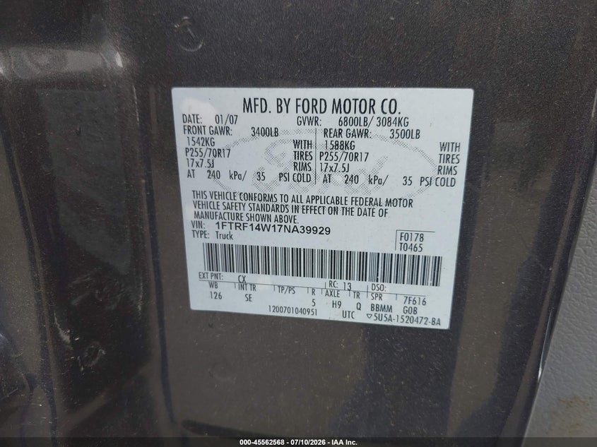 2007 Ford F-150 VIN 1FTRF14W17NA39929 IAAI salvage auction — NORMAL WEAR, Clear (Pennsylvania), sold $900 on 2026-08-01 (photo 9)