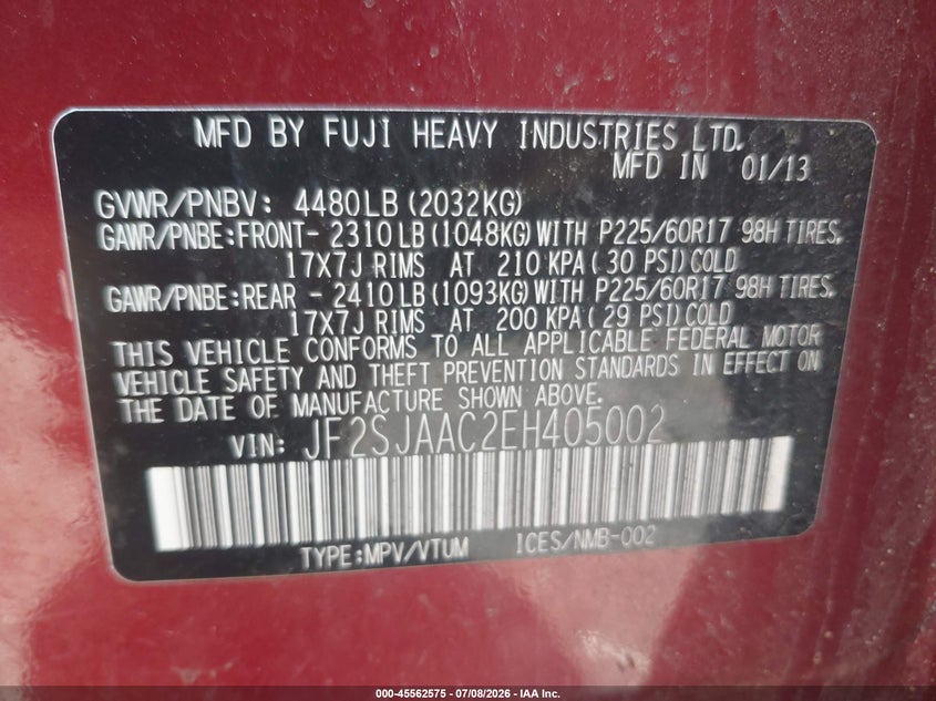 2014 Subaru Forester VIN JF2SJAAC2EH405002 IAAI salvage auction — NORMAL WEAR, Clear (Massachusetts), sold $400 on 2026-07-24 (photo 9)
