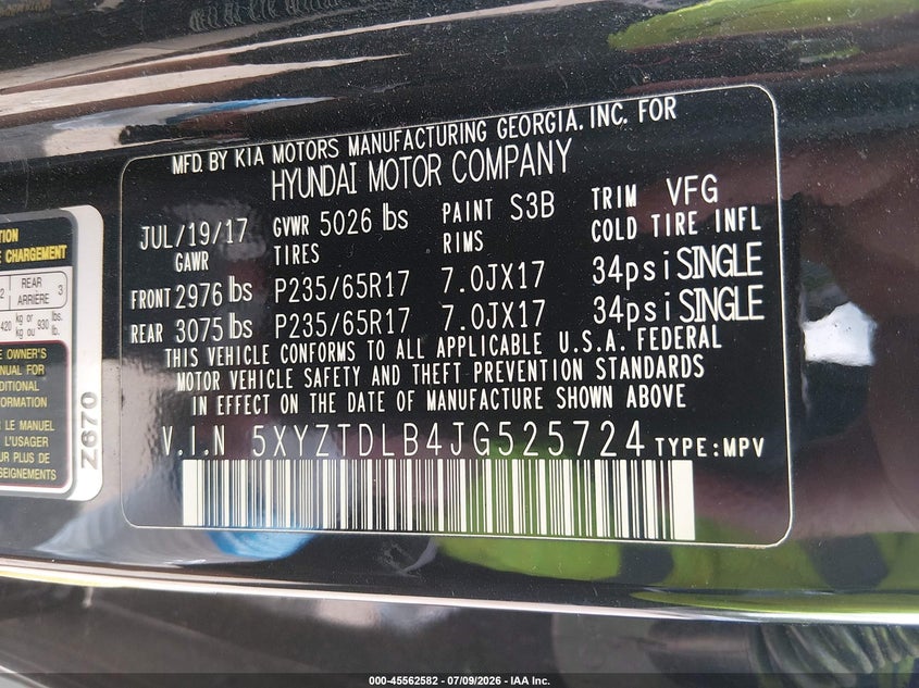 2018 Hyundai Santa fe VIN 5XYZTDLB4JG525724 IAAI salvage auction — NORMAL WEAR, Clear (Tennessee), sold $4,050 on 2026-07-15 (photo 9)