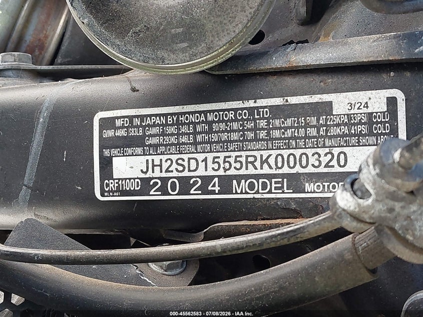 2024 Honda Crf VIN JH2SD1555RK000320 IAAI salvage auction — FRONT END, Salvage Title, sold $25 on 2026-07-29 (photo 9)