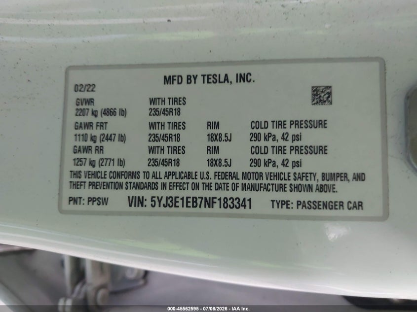2022 Tesla Model 3 VIN 5YJ3E1EB7NF183341 IAAI salvage auction — ELECTRICAL, Salvage Title, sold $15,900 on 2026-07-15 (photo 9)