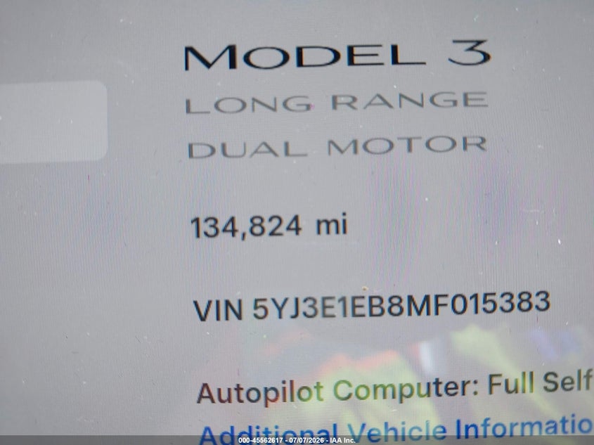 2021 Tesla Model 3 VIN 5YJ3E1EB8MF015383 IAAI salvage auction — ELECTRICAL, Clear (Montana), sold $525 on 2026-07-22 (photo 7)