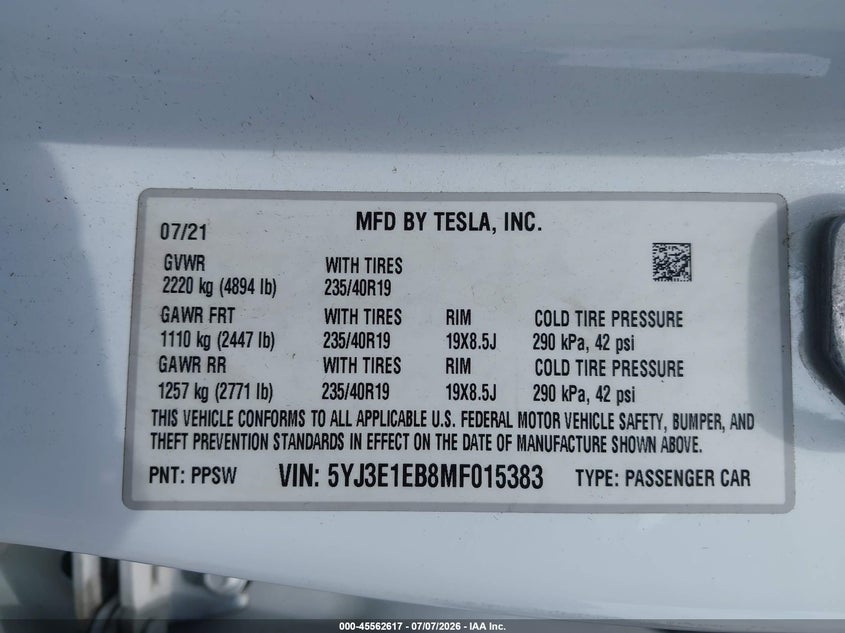 2021 Tesla Model 3 VIN 5YJ3E1EB8MF015383 IAAI salvage auction — ELECTRICAL, Clear (Montana), sold $525 on 2026-07-22 (photo 9)