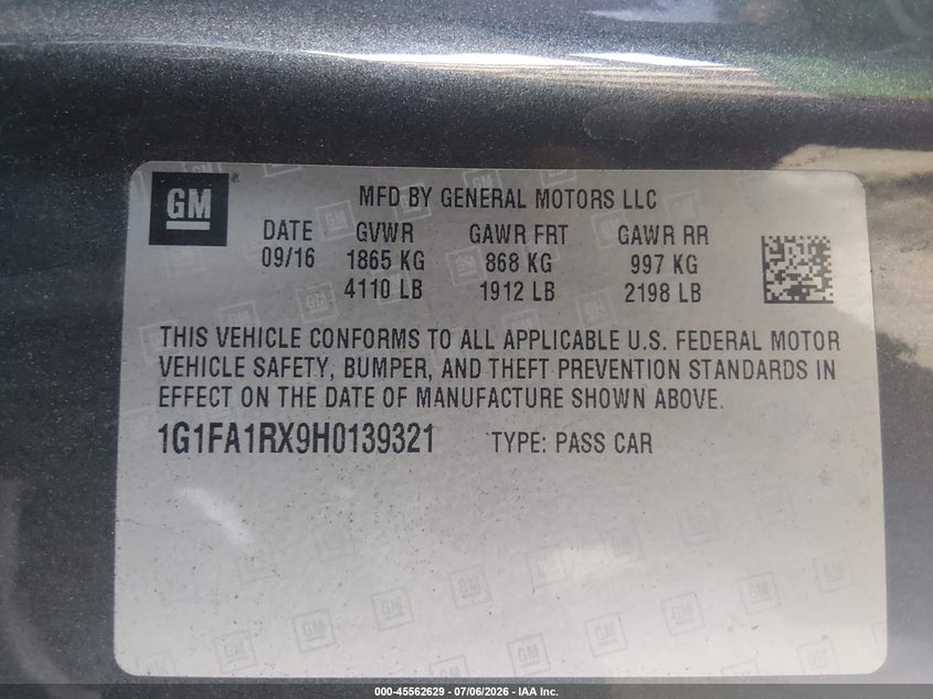 2017 Chevrolet Camaro VIN 1G1FA1RX9H0139321 IAAI salvage auction — LEFT FRONT, Salvage Title, sold $4,150 on 2026-08-03 (photo 9)