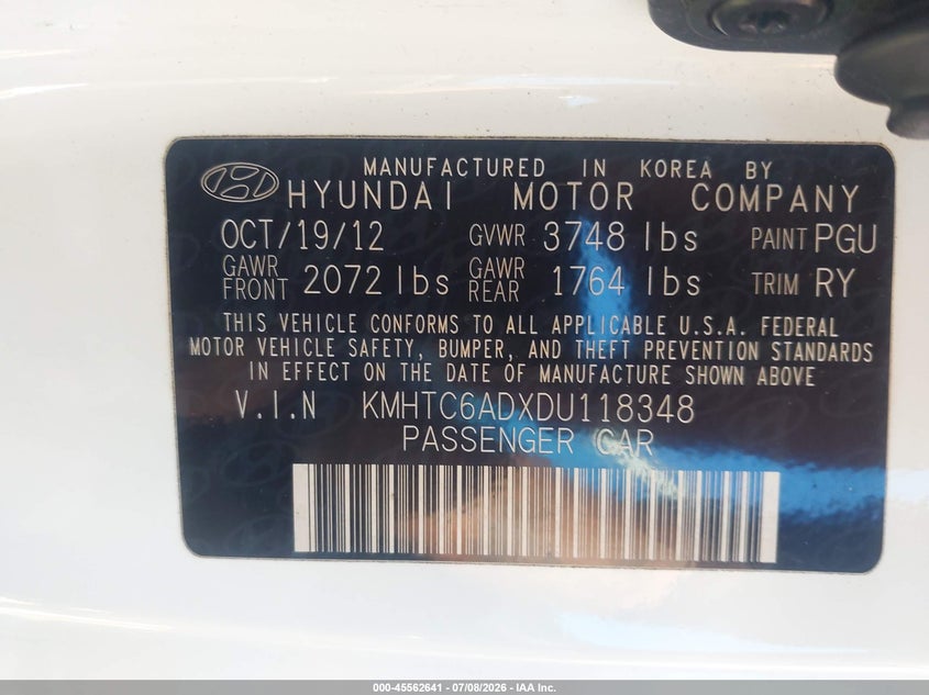 2013 Hyundai Veloster VIN KMHTC6ADXDU118348 IAAI salvage auction — NORMAL WEAR, Clear (California), sold $250 on 2026-07-29 (photo 9)