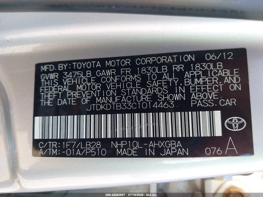 2012 Toyota Prius c VIN JTDKDTB33C1014463 IAAI salvage auction — NORMAL WEAR, Original (Maine), sold $1,300 on 2026-07-20 (photo 9)