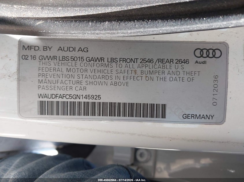 2016 Audi A6 VIN WAUDFAFC5GN145925 IAAI salvage auction — NORMAL WEAR, Clear (Arizona), sold $2,350 on 2026-07-29 (photo 9)