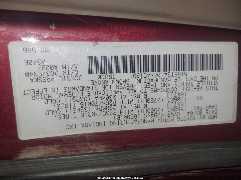 2004 Toyota Tundra VIN 5TBET34104S451801 IAAI salvage auction — REAR END, Salvage (Arizona), sold $25 on 2026-07-28 (photo 9)