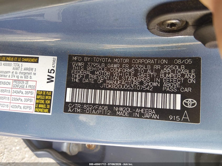 2005 Toyota Prius VIN JTDKB20U053107542 IAAI salvage auction — NORMAL WEAR, Clear (Tennessee), sold $300 on 2026-07-29 (photo 9)