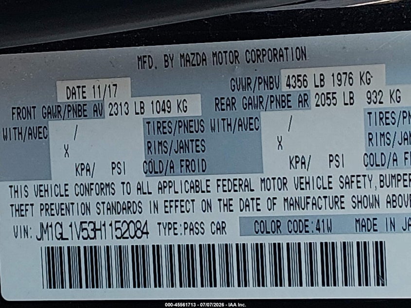 2017 Mazda 6 VIN JM1GL1V53H1152084 IAAI salvage auction — FRONT END, Rebuildable (Florida), sold $525 on 2026-07-28 (photo 9)