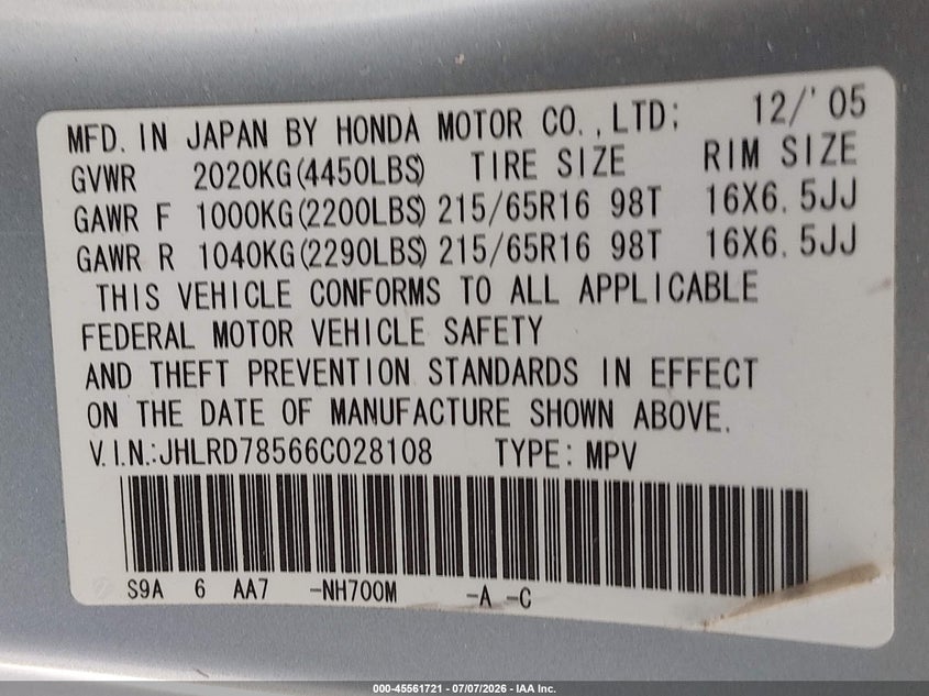 2006 Honda Cr-v VIN JHLRD78566C028108 IAAI salvage auction — LEFT FRONT, Bill Of Sale (Washington), sold $700 on 2026-07-22 (photo 9)