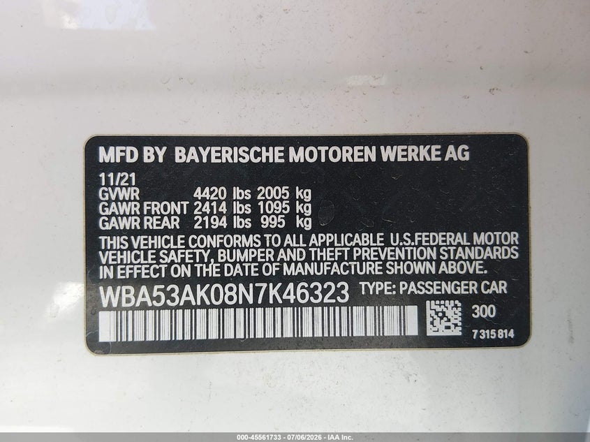 2022 BMW 2er VIN WBA53AK08N7K46323 IAAI salvage auction — NORMAL WEAR, Salvage Title, sold $5,200 on 2026-07-31 (photo 9)