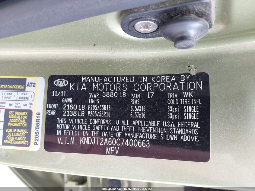 2012 Kia Soul VIN KNDJT2A60C7400663 IAAI salvage auction — FRONT END, Rebuildable (Florida), sold $725 on 2026-07-19 (photo 9)