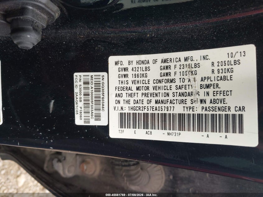 2014 Honda Accord VIN 1HGCR2F57EA057977 IAAI salvage auction — NORMAL WEAR, Clear (Tennessee), sold $2,450 on 2026-08-01 (photo 9)