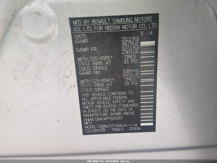2015 Nissan Rogue VIN KNMAT2MVXFP515097 IAAI salvage auction — NORMAL WEAR, Clear (Montana), sold $600 on 2026-07-29 (photo 9)