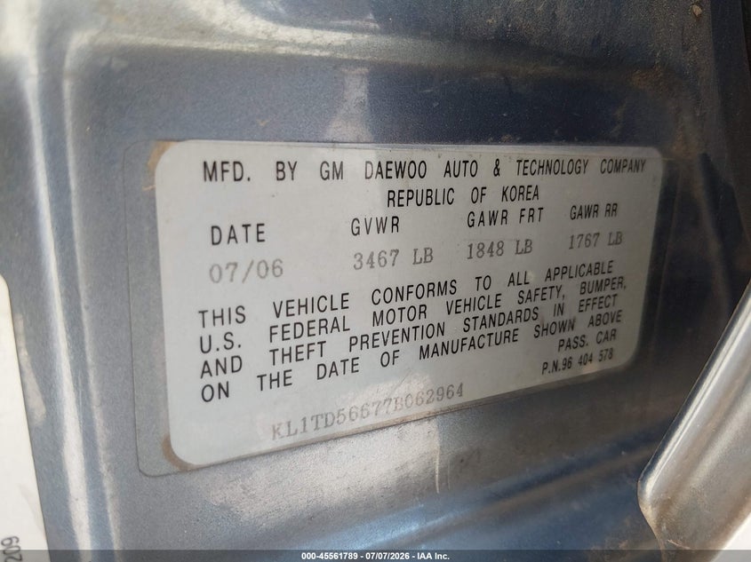 2007 Chevrolet Aveo VIN KL1TD56677B062964 IAAI salvage auction — UNKNOWN, Salvage (Texas), sold $250 on 2026-07-22 (photo 9)