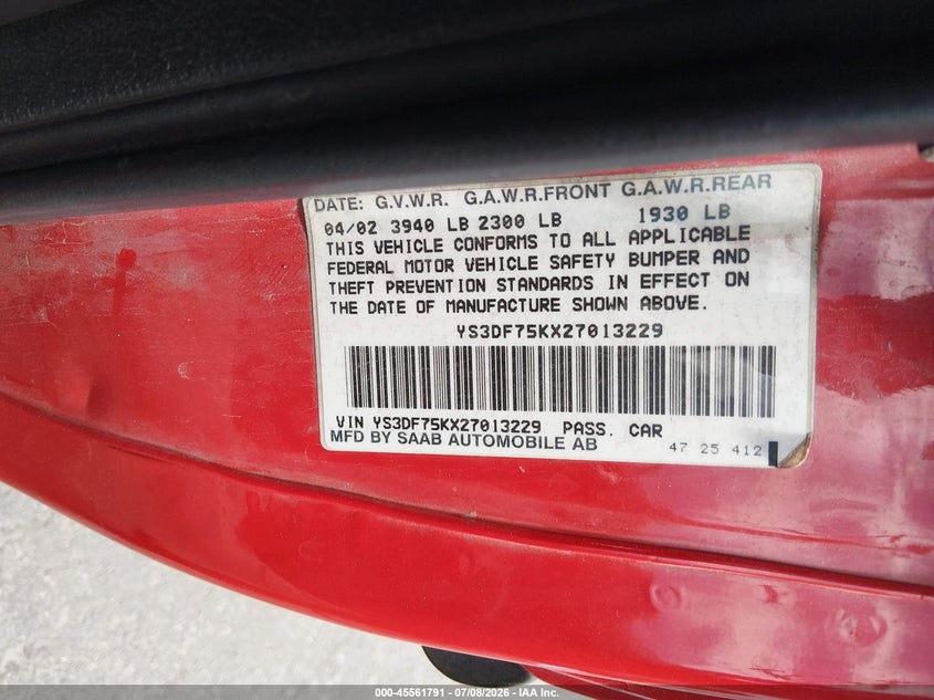 2002 Saab 9-3 VIN YS3DF75KX27013229 IAAI salvage auction — SIDE, Salvage (Utah), sold $275 on 2026-07-30 (photo 9)