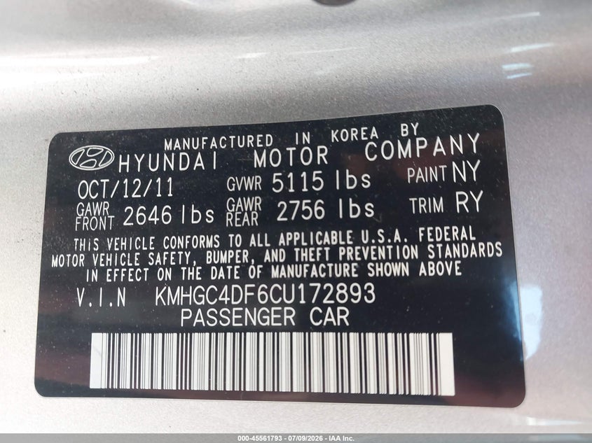 2012 Hyundai Genesis VIN KMHGC4DF6CU172893 IAAI salvage auction — FRONT END, Salvage (Utah), sold $700 on 2026-07-30 (photo 9)