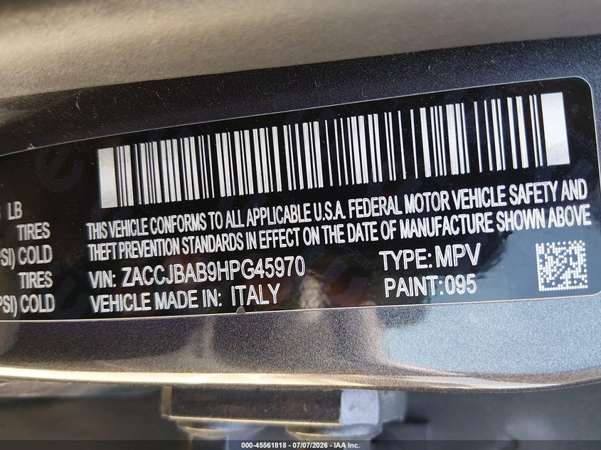 2017 Jeep Renegade VIN ZACCJBAB9HPG45970 IAAI salvage auction — NORMAL WEAR, Salvage Title - Dealer (California), sold $625 on 2026-07-28 (photo 9)