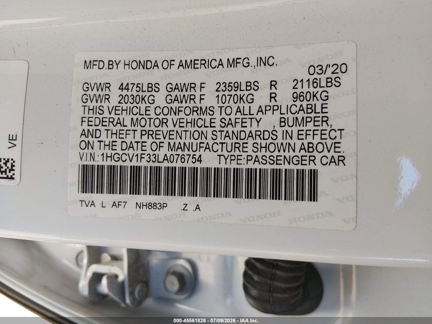 2020 Honda Accord VIN 1HGCV1F33LA076754 IAAI salvage auction — RIGHT FRONT, Salvage (California), sold $7,600 on 2026-07-29 (photo 9)