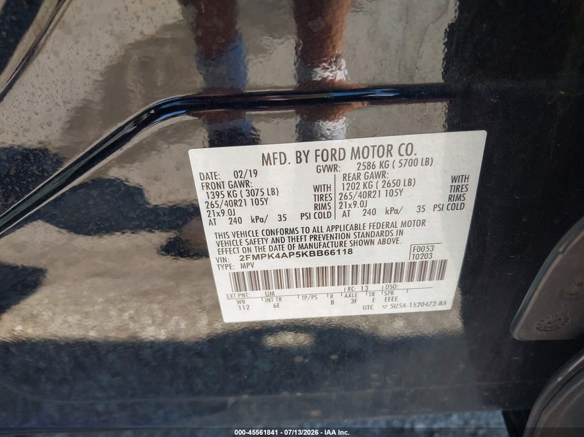2019 Ford Edge VIN 2FMPK4AP5KBB66118 IAAI salvage auction — Flood, Salvage, sold $6,600 on 2026-10-19 (photo 9)