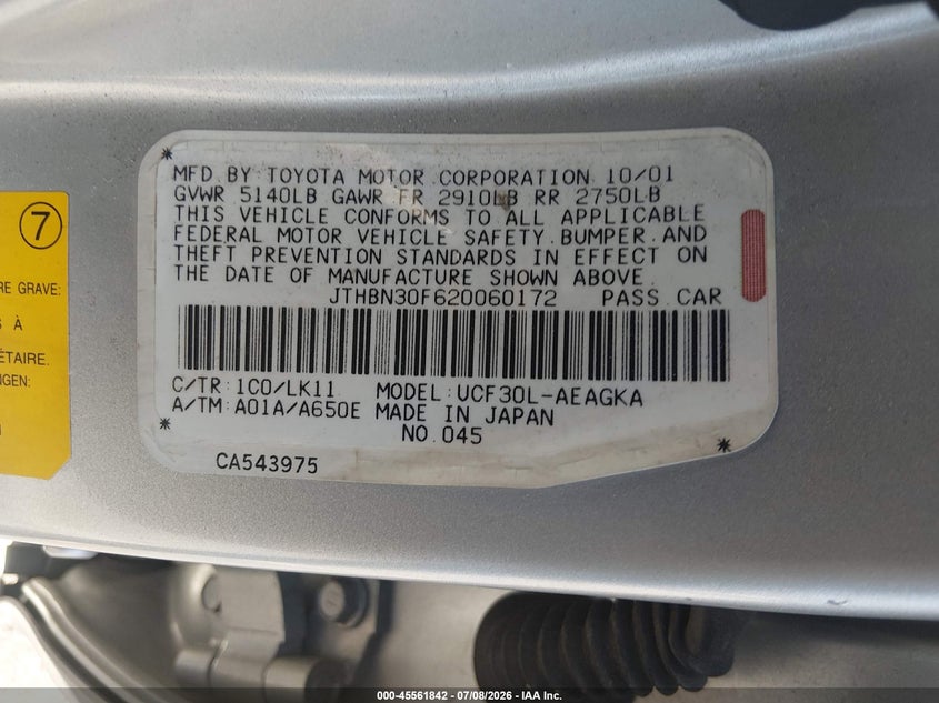 2002 Lexus Ls 430 VIN JTHBN30F620060172 IAAI salvage auction — RIGHT SIDE, Salvage (Nevada), sold $600 on 2026-07-31 (photo 9)