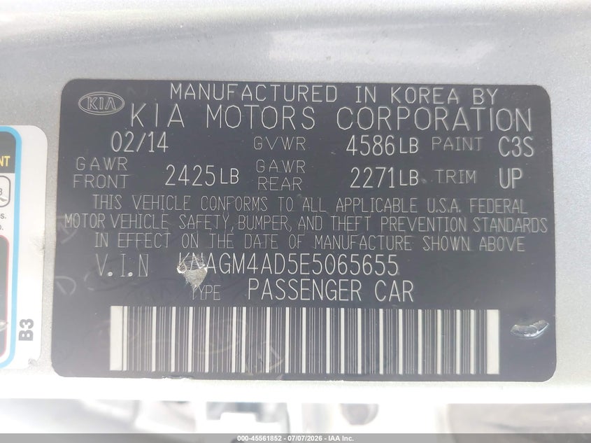 2014 Kia Optima VIN KNAGM4AD5E5065655 IAAI salvage auction — FRONT END, Salvage (California), sold $900 on 2026-07-22 (photo 9)