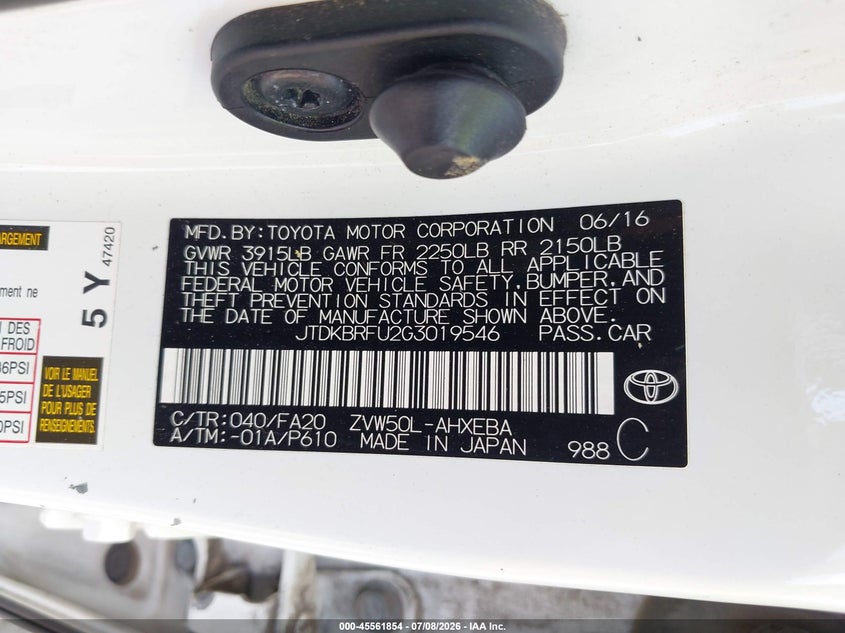 2016 Toyota Prius VIN JTDKBRFU2G3019546 IAAI salvage auction — RIGHT FRONT, Salvage (Montana), sold $1,400 on 2026-08-02 (photo 9)