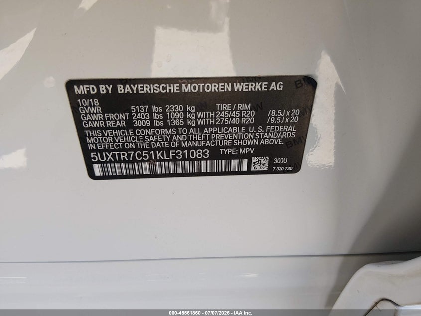 2019 BMW X3 VIN 5UXTR7C51KLF31083 IAAI salvage auction — REAR END, Salvage (California), sold $2,050 on 2026-07-29 (photo 9)