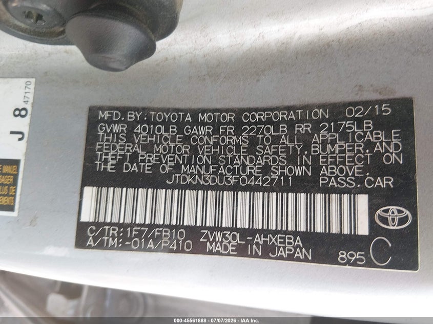 2015 Toyota Prius VIN JTDKN3DU3F0442711 IAAI salvage auction — LEFT FRONT, Salvage (Nevada), sold $775 on 2026-07-24 (photo 9)