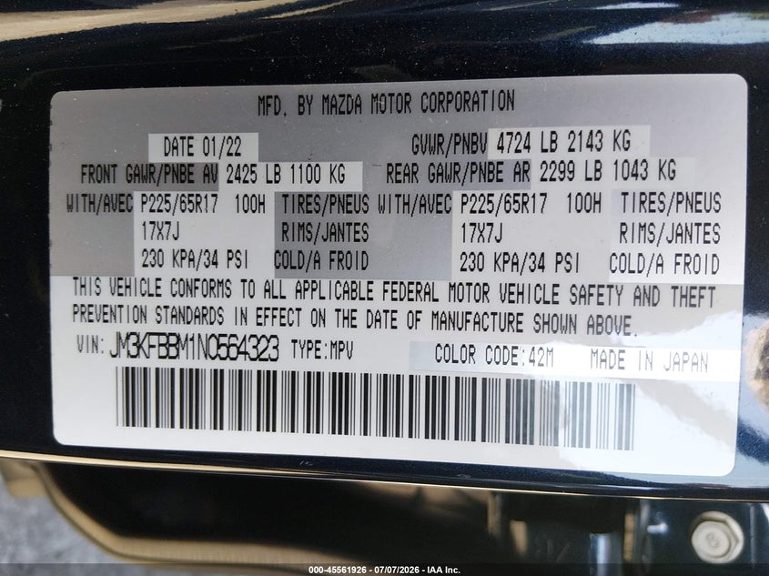 2022 Mazda Cx-5 VIN JM3KFBBM1N0564323 IAAI salvage auction — BIO HAZARD, Bill Of Sale (Washington), sold $8,400 on 2026-07-29 (photo 9)