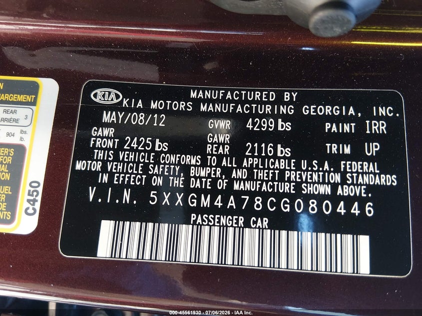 2012 Kia Optima VIN 5XXGM4A78CG080446 IAAI salvage auction — THEFT, Salvage Title, sold $1,100 on 2026-07-31 (photo 9)