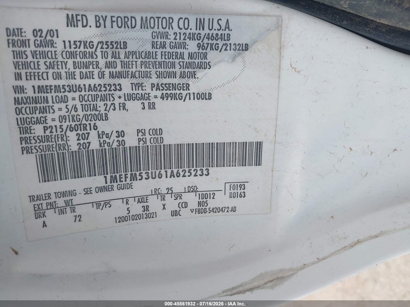 2001 Mercury Sable VIN 1MEFM53U61A625233 IAAI salvage auction — NORMAL WEAR, Clear (Arizona), sold $250 on 2026-07-30 (photo 9)