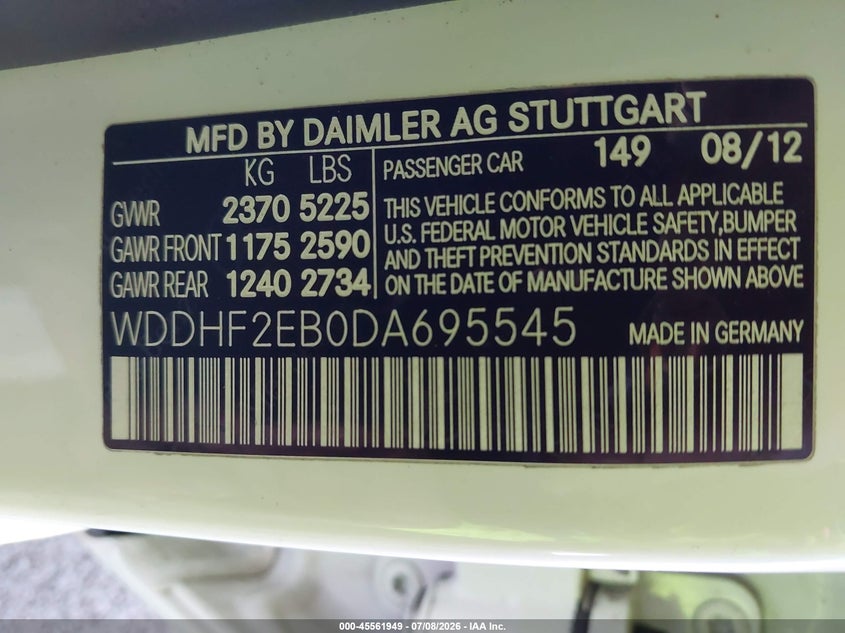 2013 Mercedes-benz VIN WDDHF2EB0DA695545 IAAI salvage auction — LEFT & RIGHT, Wait Title, sold $2,000 on 2026-08-13 (photo 9)