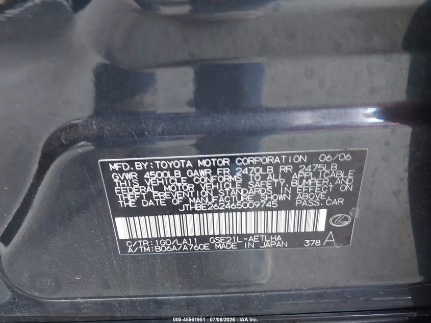 2006 Lexus Is 350 VIN JTHBE262465009745 IAAI salvage auction — FRONT & REAR, Salvage (California), sold $525 on 2026-07-28 (photo 9)