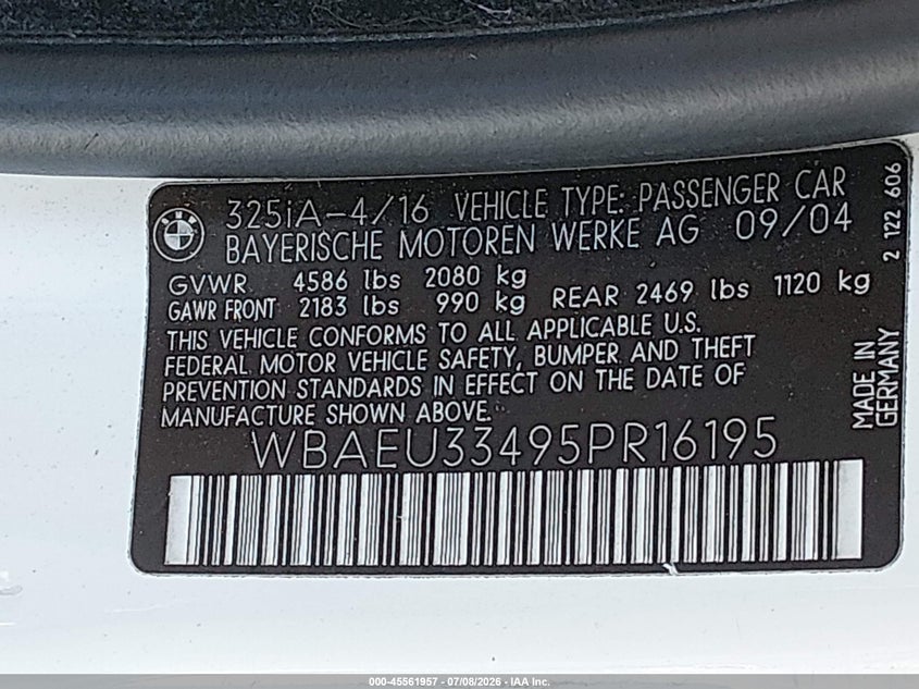 2005 BMW 3 series VIN WBAEU33495PR16195 IAAI salvage auction — REAR END, Salvage (Nevada), sold $75 on 2026-07-31 (photo 9)