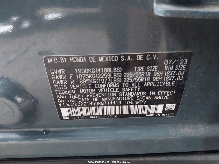 2024 Honda Hr-v VIN 3CZRZ1H50RM714413 IAAI salvage auction — RIGHT FRONT, Salvage Title, sold $7,100 on 2026-08-20 (photo 9)