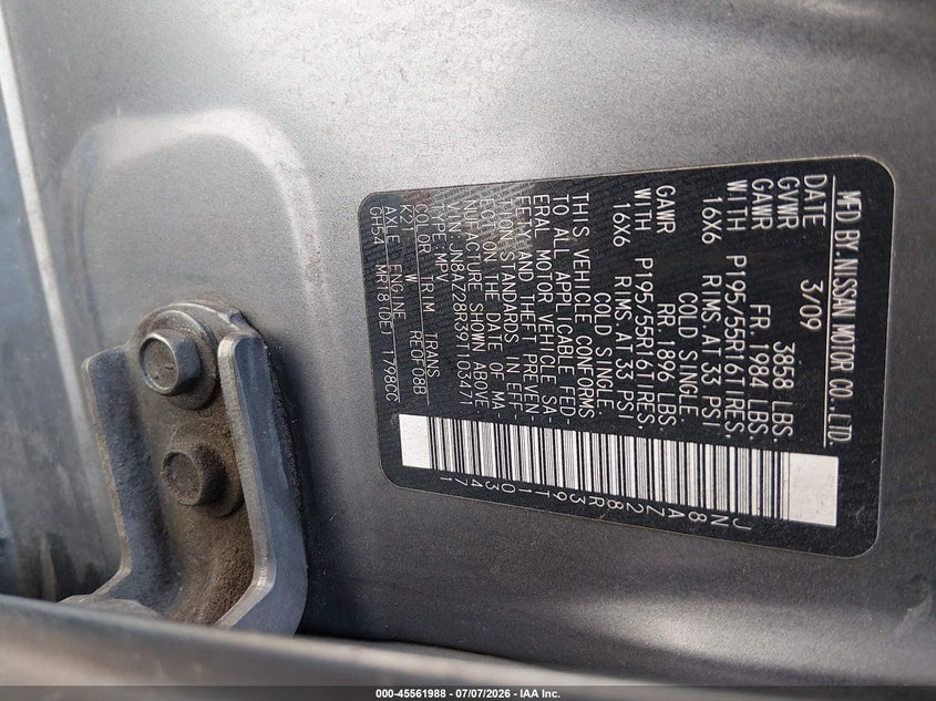 2009 Nissan Cube VIN JN8AZ28R39T103471 IAAI salvage auction — FRONT END, Salvage (California), sold $775 on 2026-08-01 (photo 9)