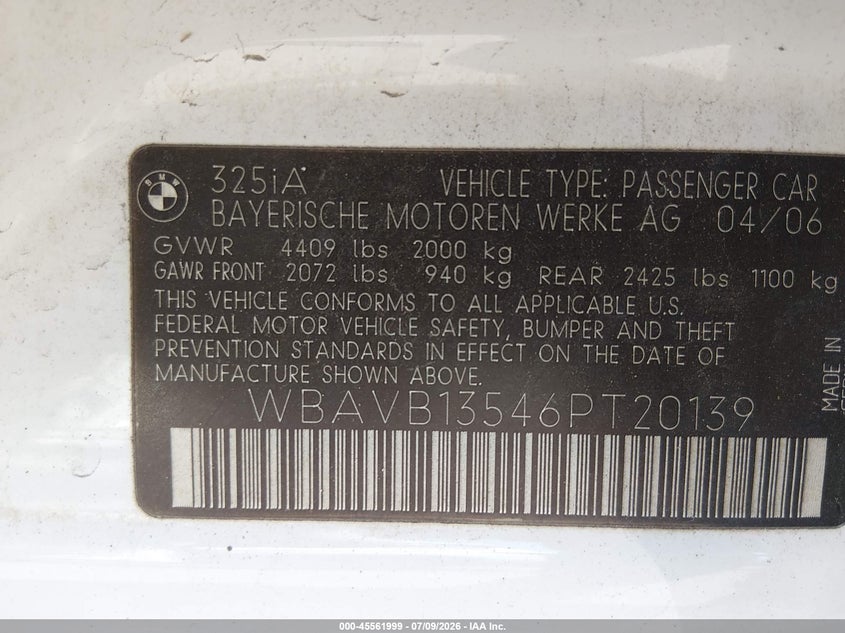 2006 BMW 3 series VIN WBAVB13546PT20139 IAAI salvage auction — SIDE, Salvage (California), sold $1,250 on 2026-07-16 (photo 9)