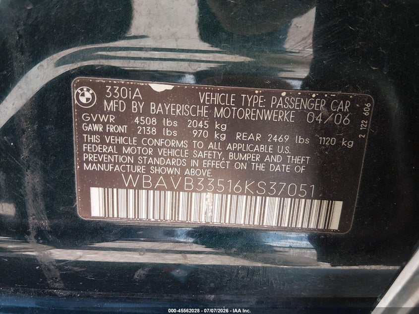 2006 BMW 3 series VIN WBAVB33516KS37051 IAAI salvage auction — NORMAL WEAR, Original (Texas), sold $25 on 2026-07-29 (photo 9)