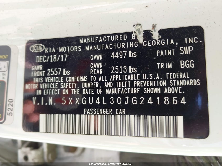 2018 Kia Optima VIN 5XXGU4L30JG241864 IAAI salvage auction — FRONT END, Mv-907A (New York), sold $125 on 2026-07-21 (photo 9)