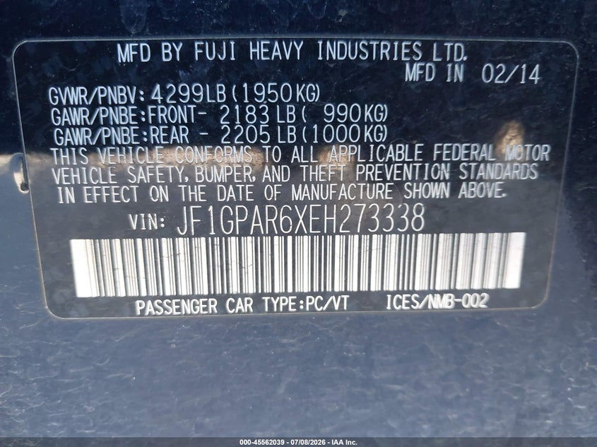 2014 Subaru Impreza VIN JF1GPAR6XEH273338 IAAI salvage auction — NORMAL WEAR, Clear - Dealer Only (California), sold $25 on 2026-07-28 (photo 9)